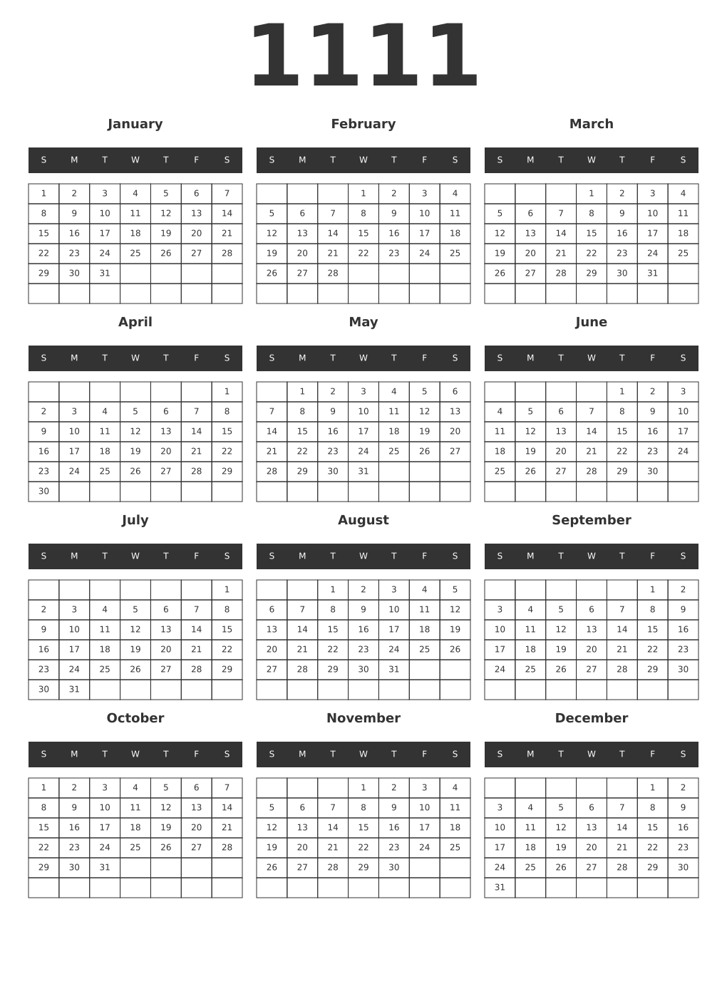 Printable 1111 Year Calendars dark