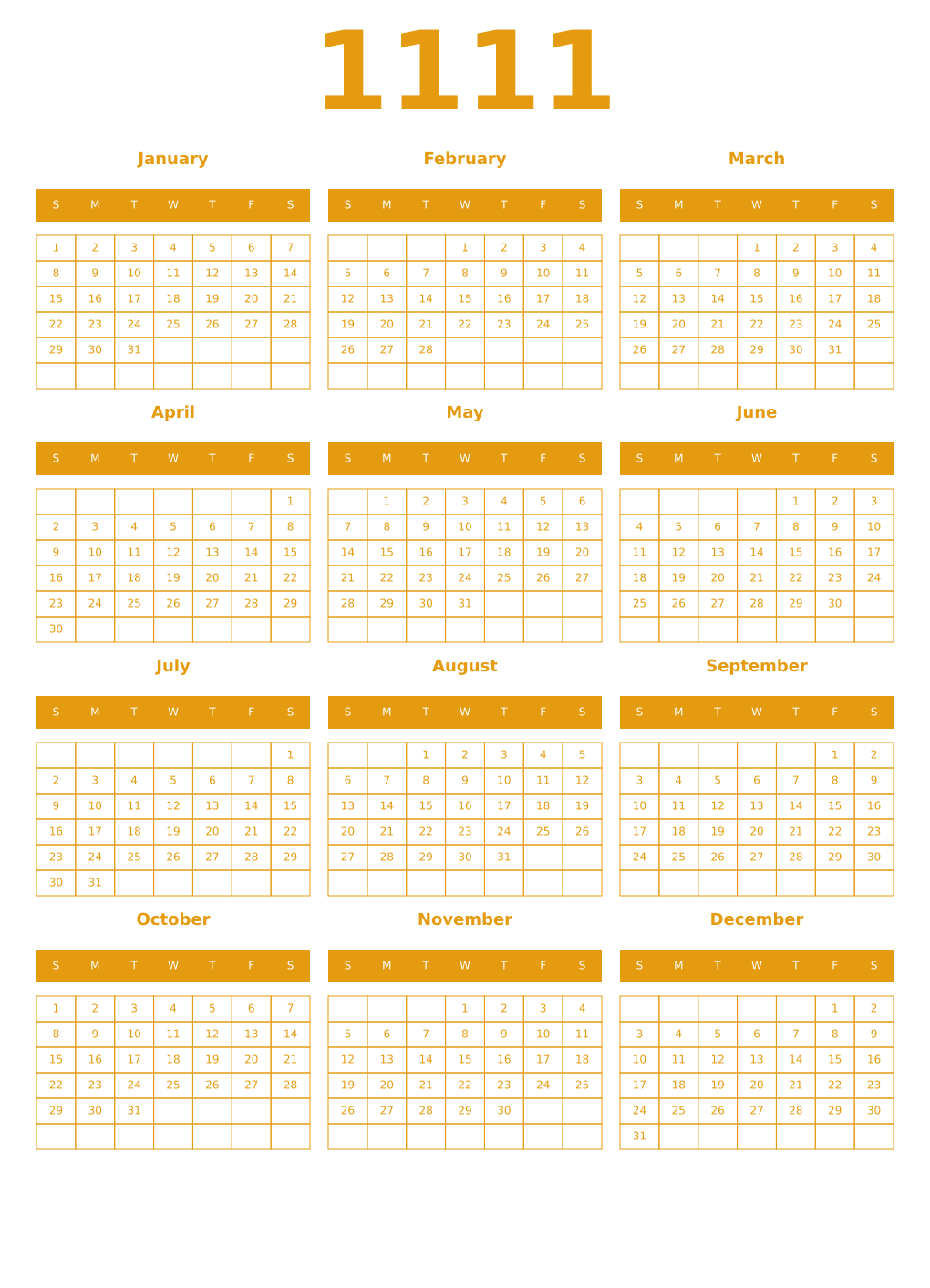 Printable 1111 Year Calendars gamboge