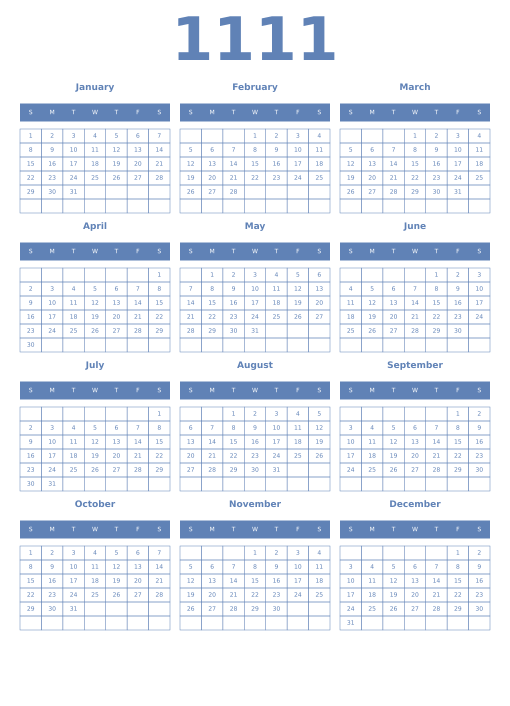 Printable 1111 Year Calendars glaucous
