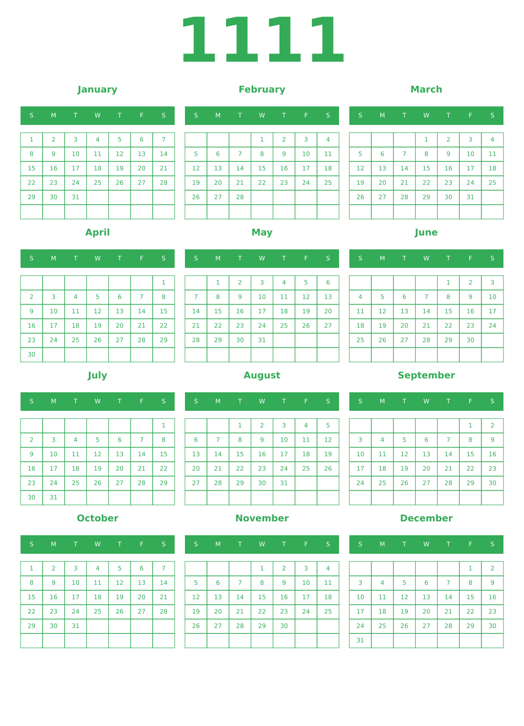 Printable 1111 Year Calendars green