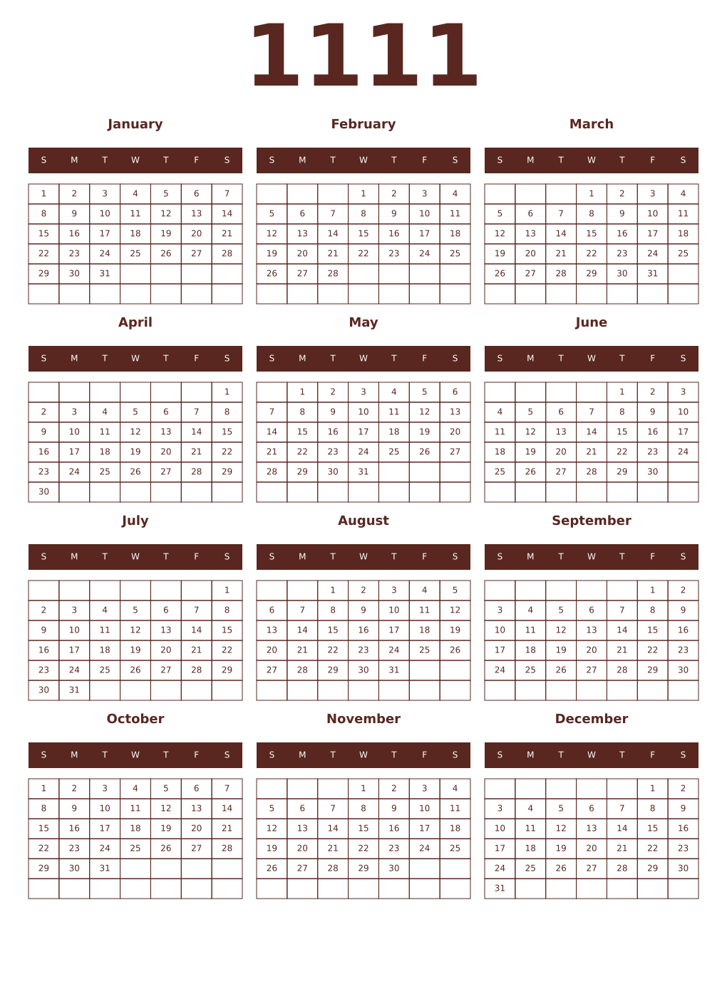 Printable 1111 Year Calendars mortuum