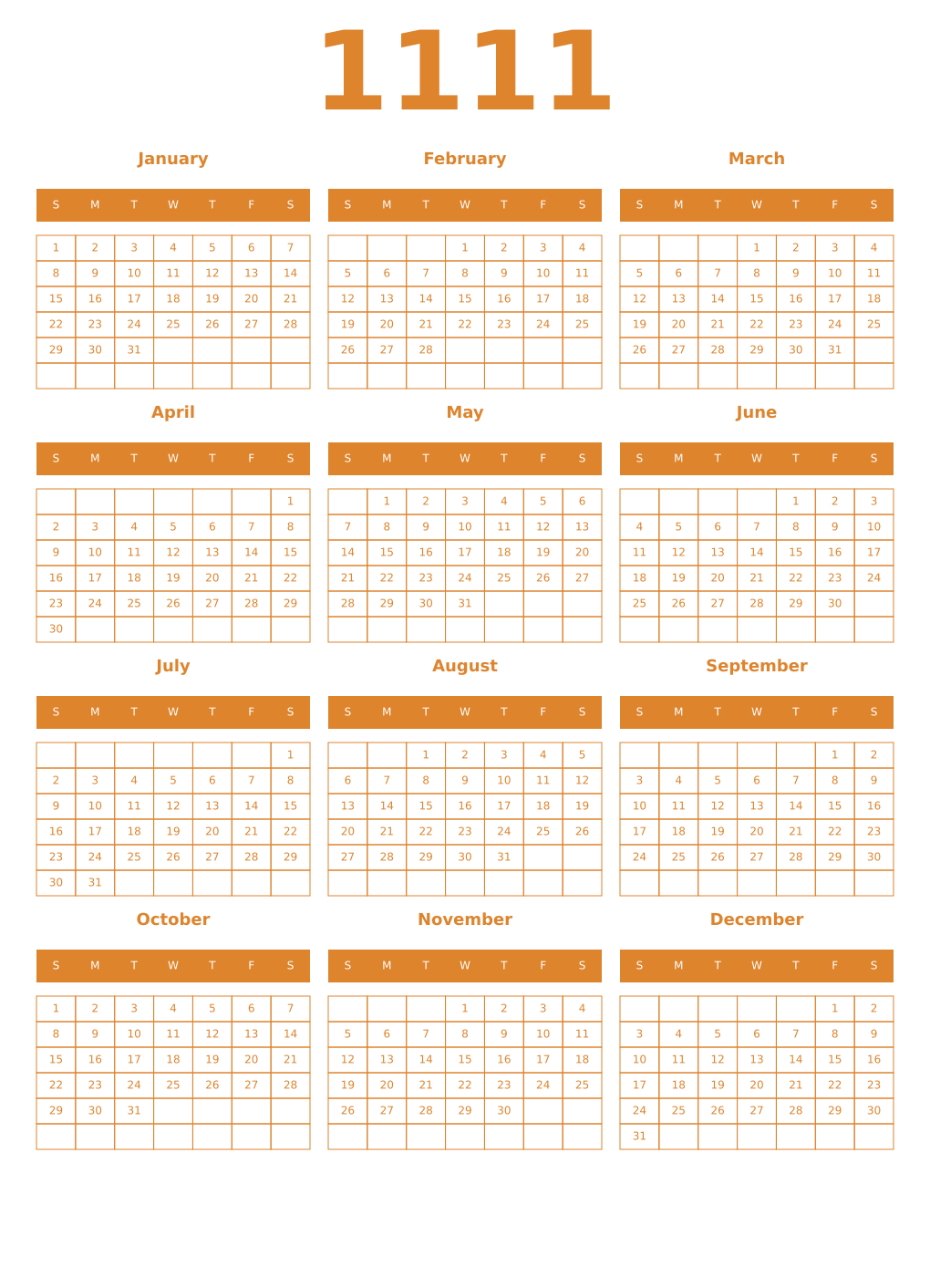 Printable 1111 Year Calendars orange