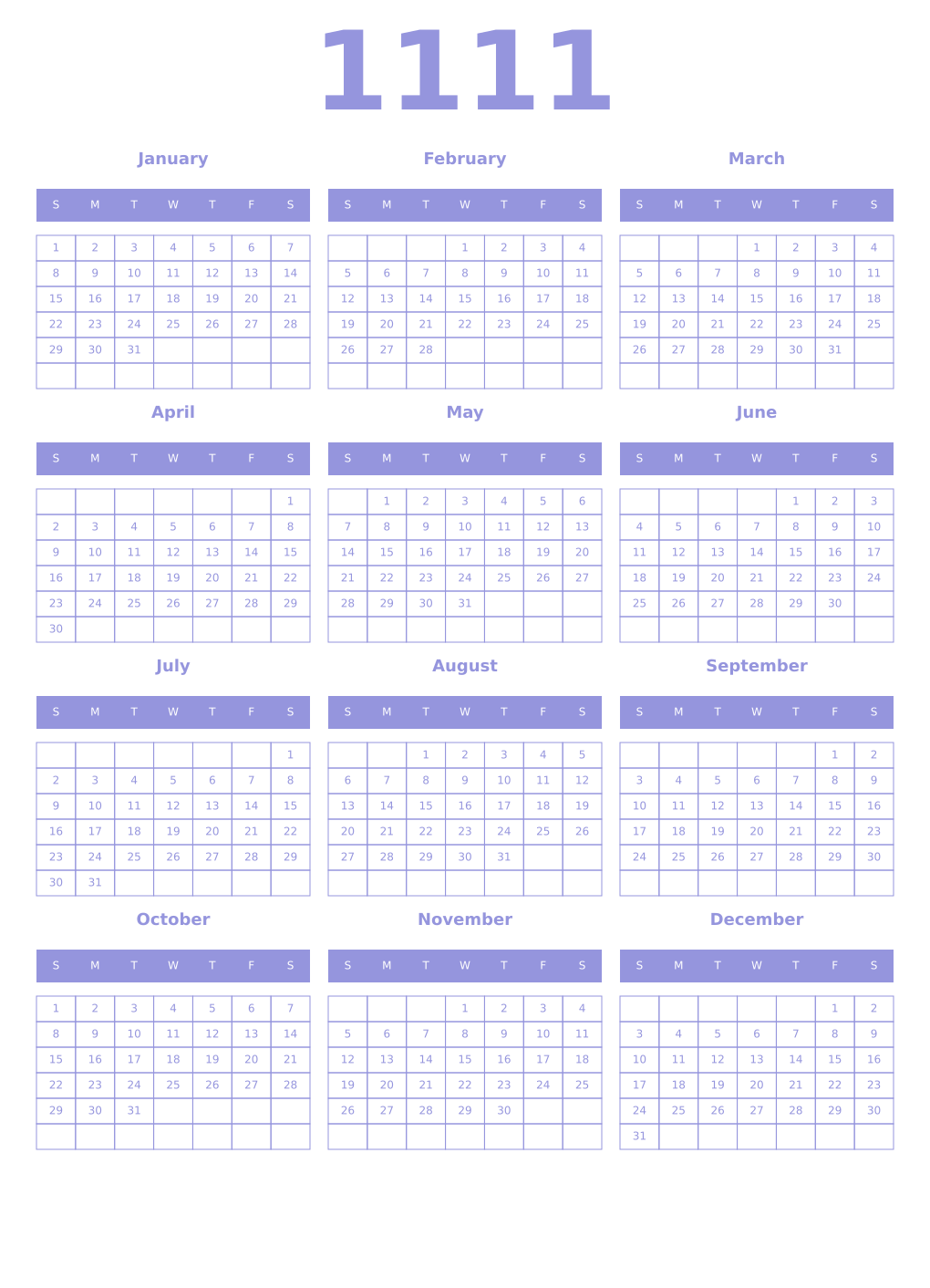 Printable 1111 Year Calendars periwinkle