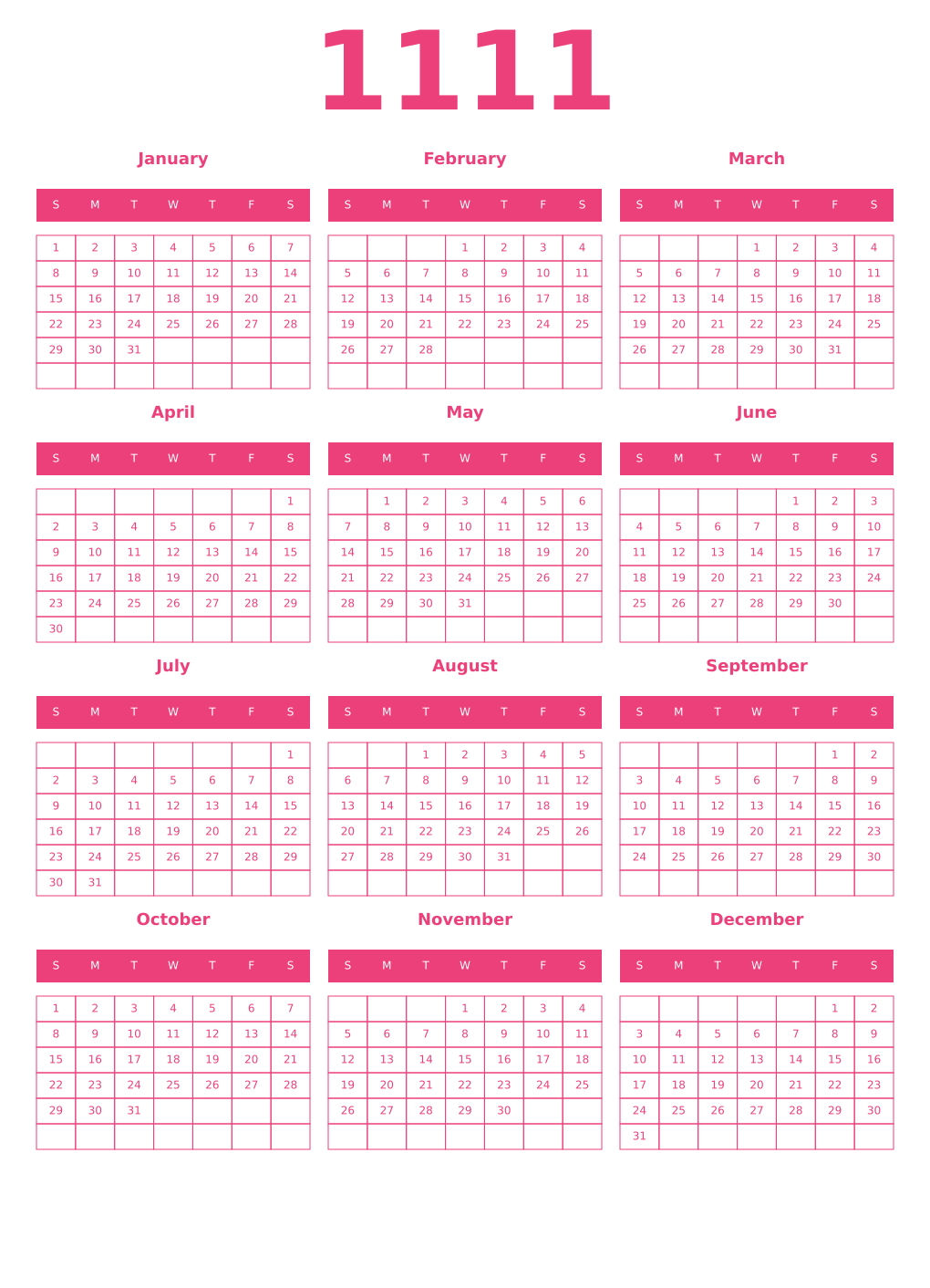 Printable 1111 Year Calendars pink
