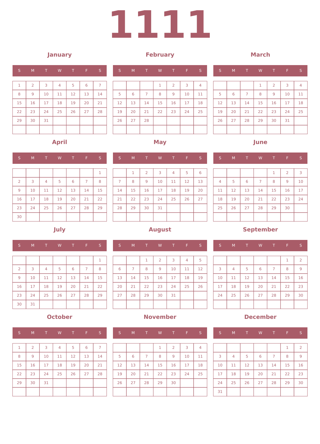 Printable 1111 Year Calendars puce