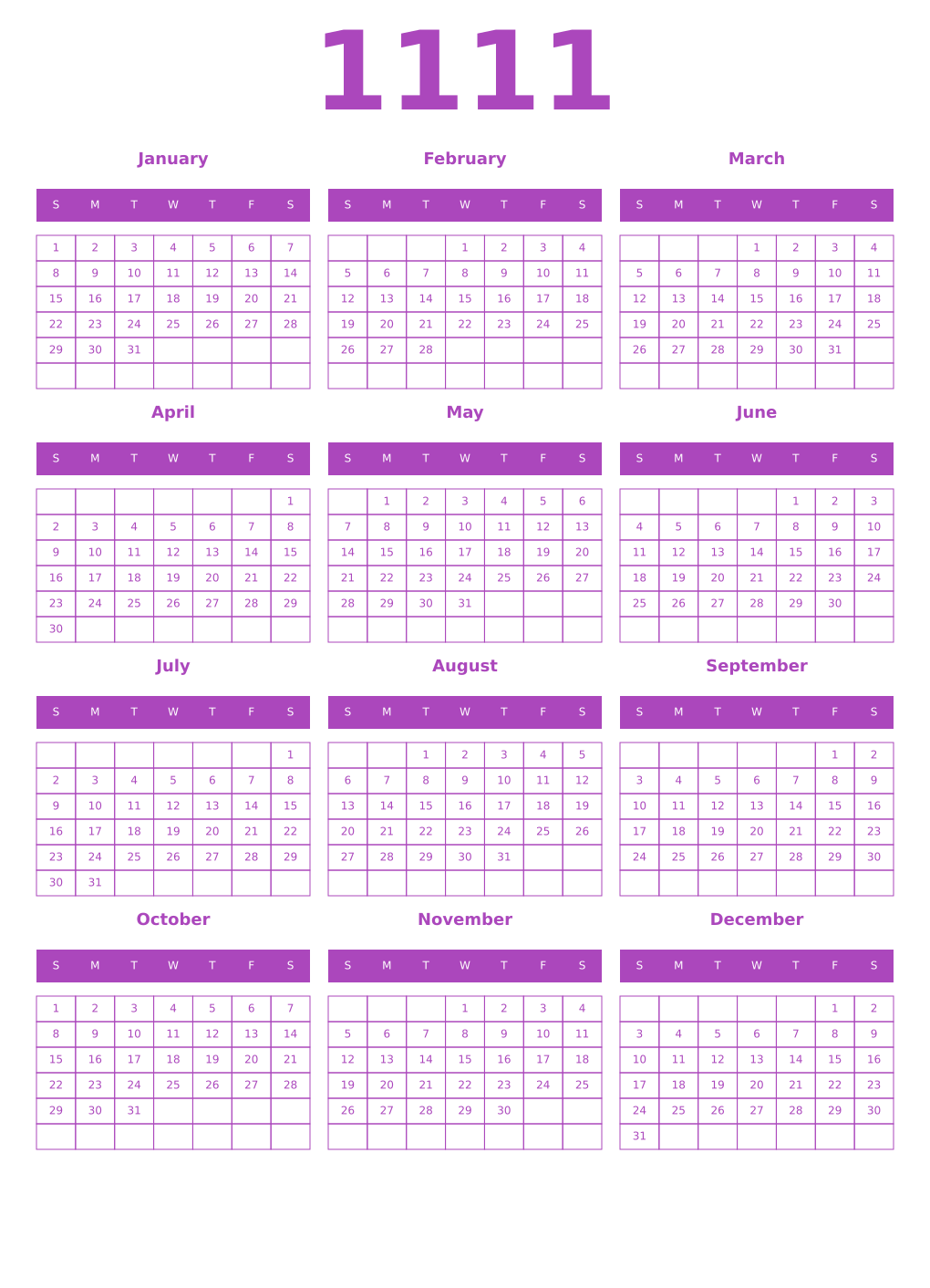 Printable 1111 Year Calendars purple