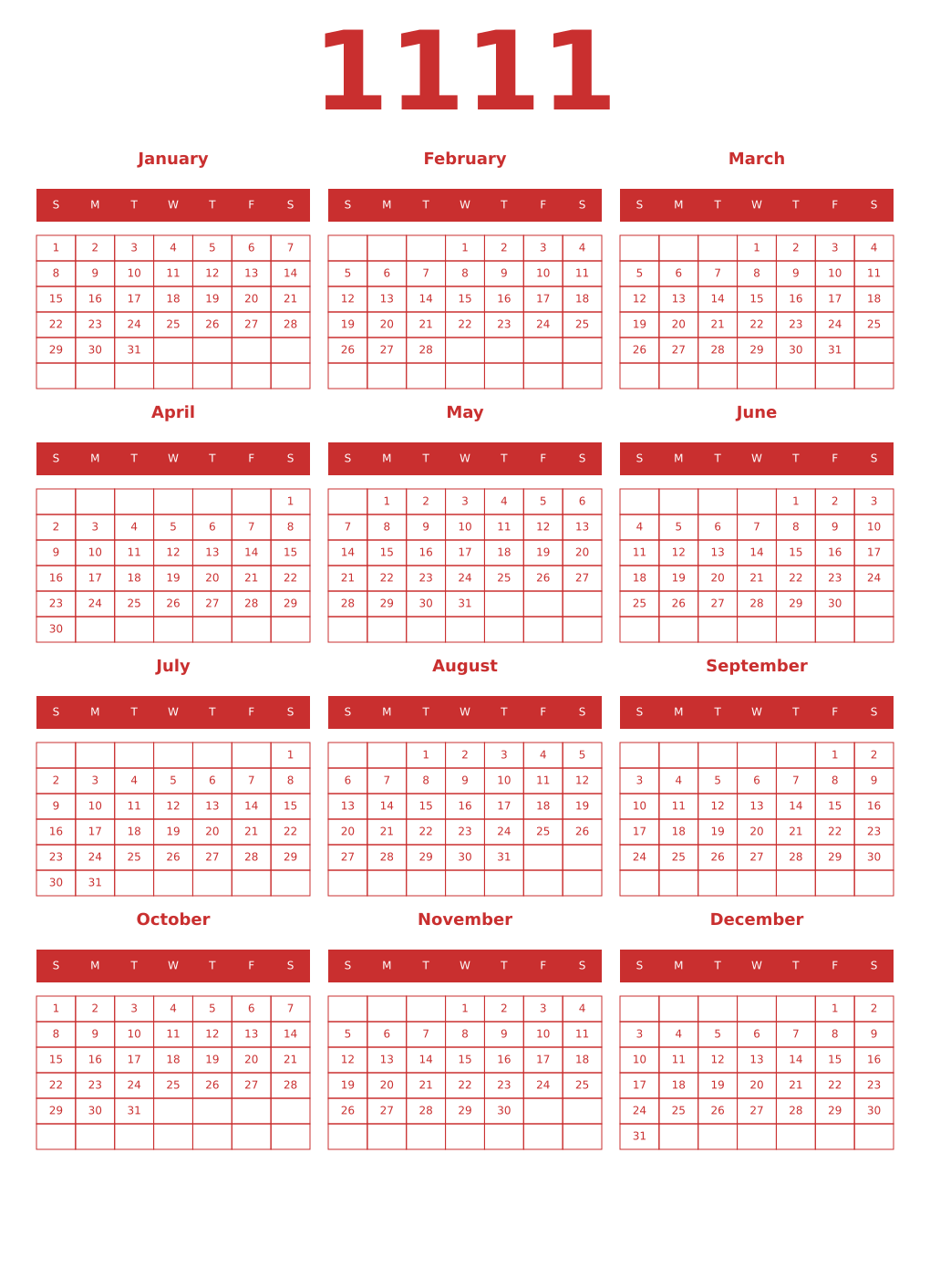Printable 1111 Year Calendars red