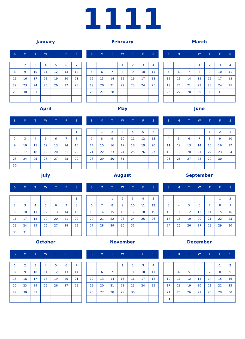 Printable 1111 Year Calendars smalt