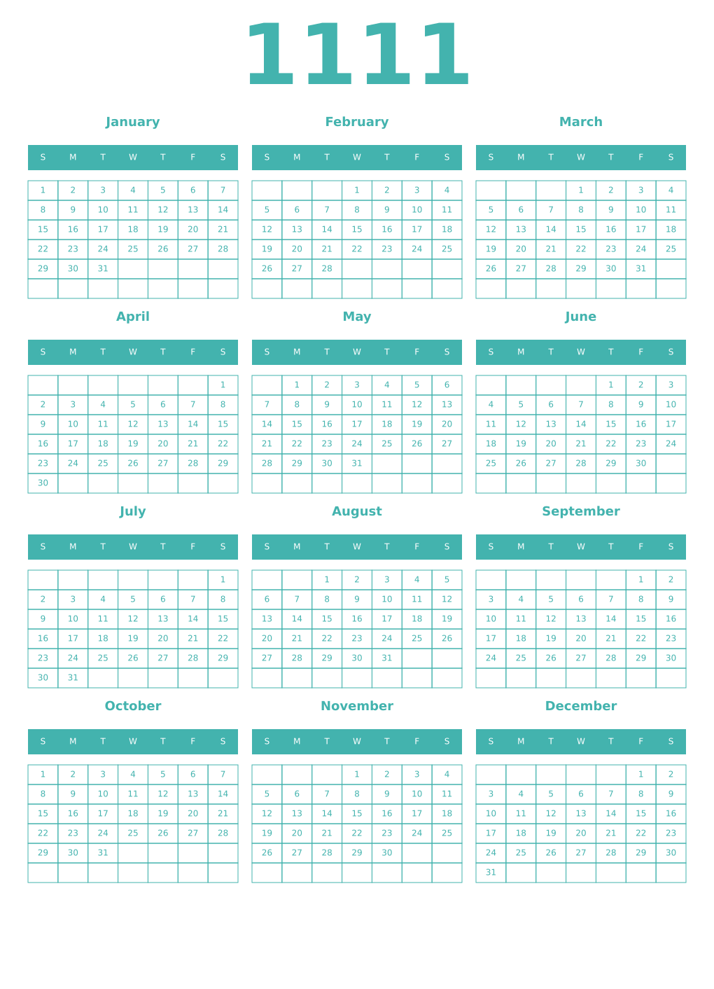 Printable 1111 Year Calendars verdigris