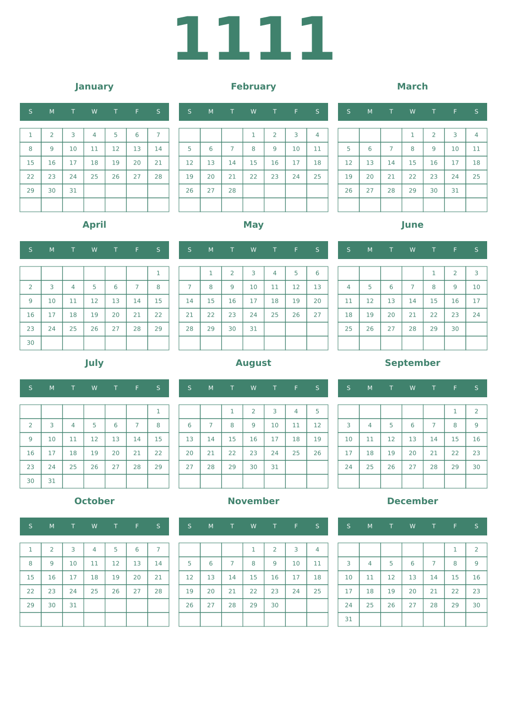 Printable 1111 Year Calendars viridian