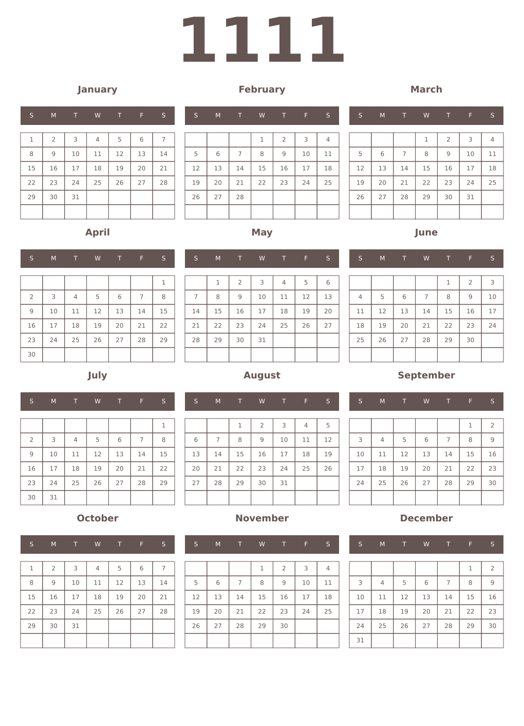 Printable 1111 Year Calendars wenge