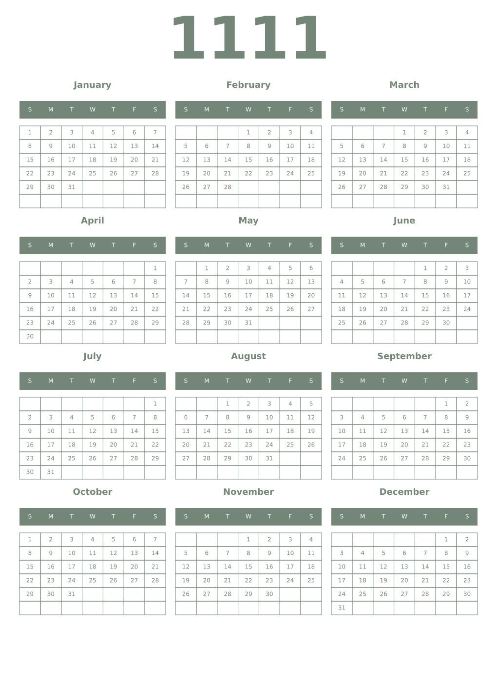 Printable 1111 Year Calendars xanadu