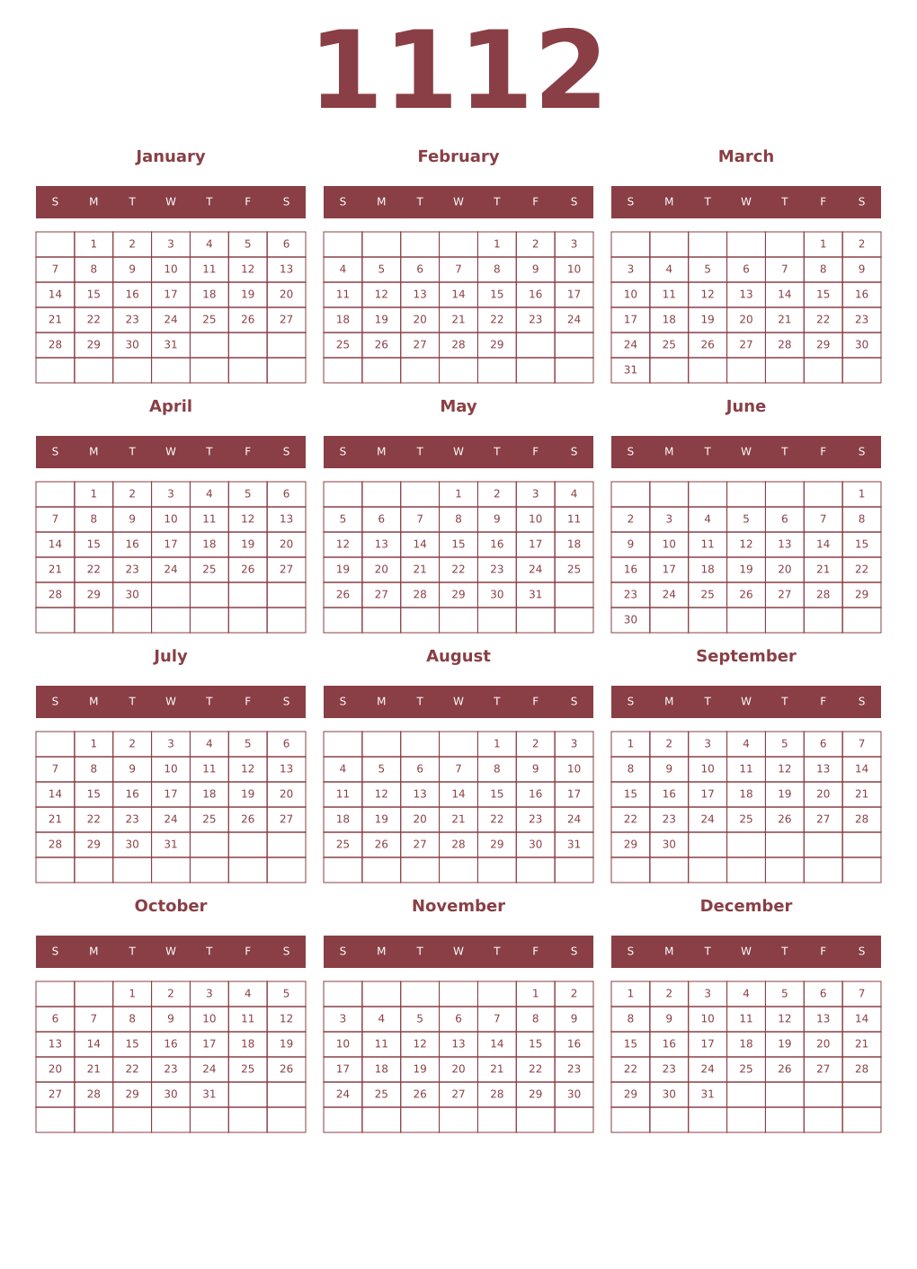 Printable 1112 Year Calendars cordovan