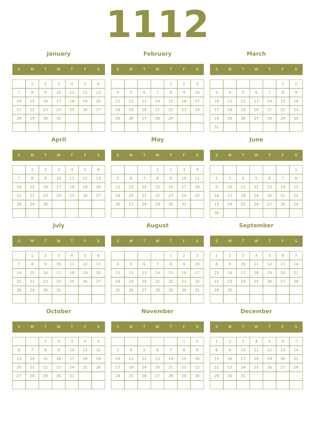 Printable 1112 Year Calendars eburnean