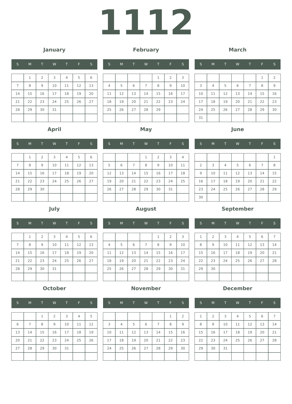 Printable 1112 Year Calendars feldgrau