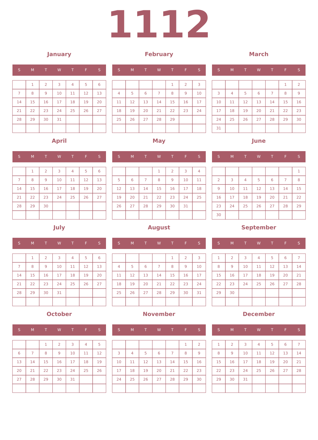 Printable 1112 Year Calendars puce
