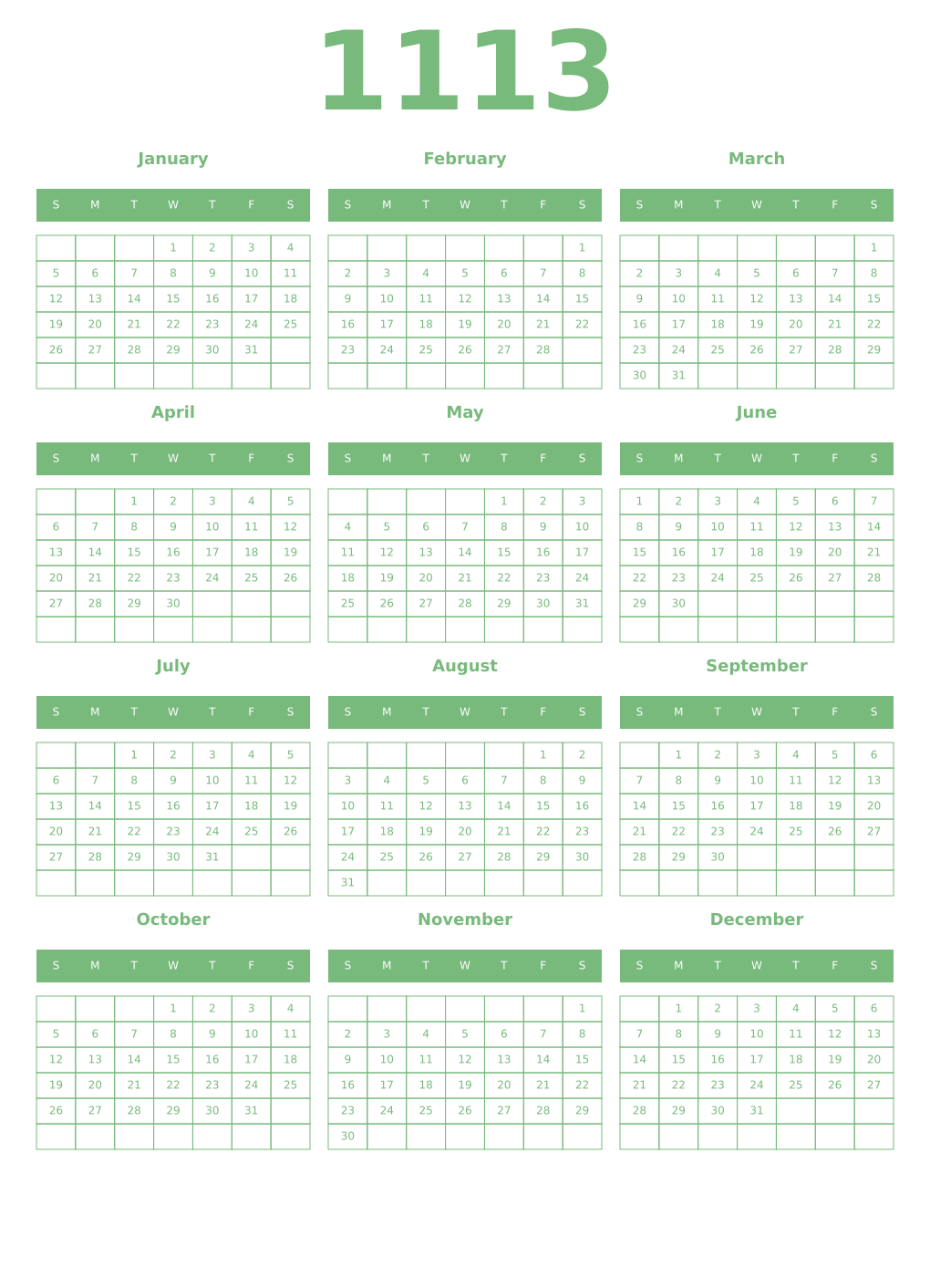 Printable 1113 Year Calendars celadon