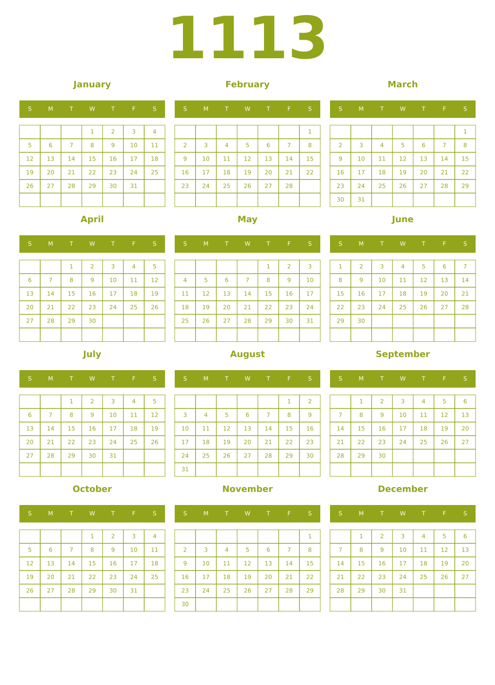 Printable 1113 Year Calendars chartreuse