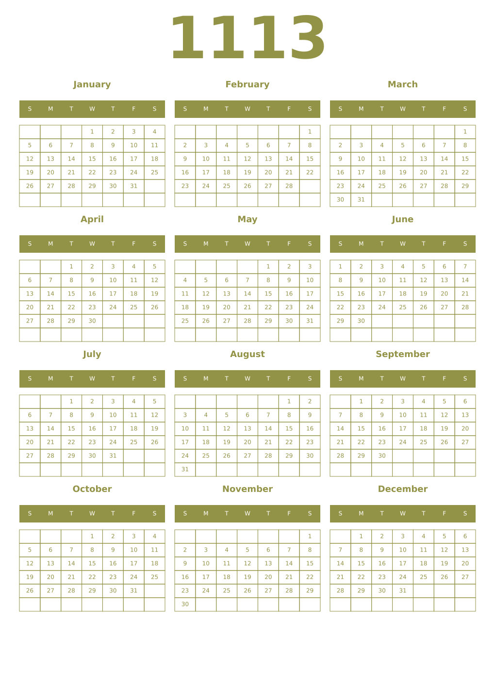Printable 1113 Year Calendars eburnean