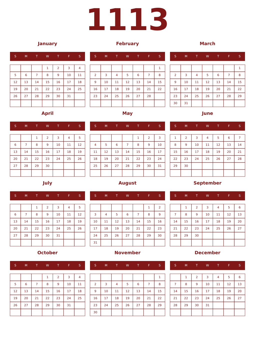 Printable 1113 Year Calendars falu