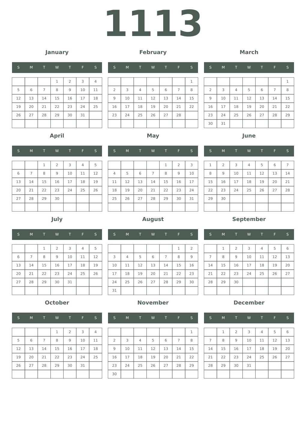Printable 1113 Year Calendars feldgrau