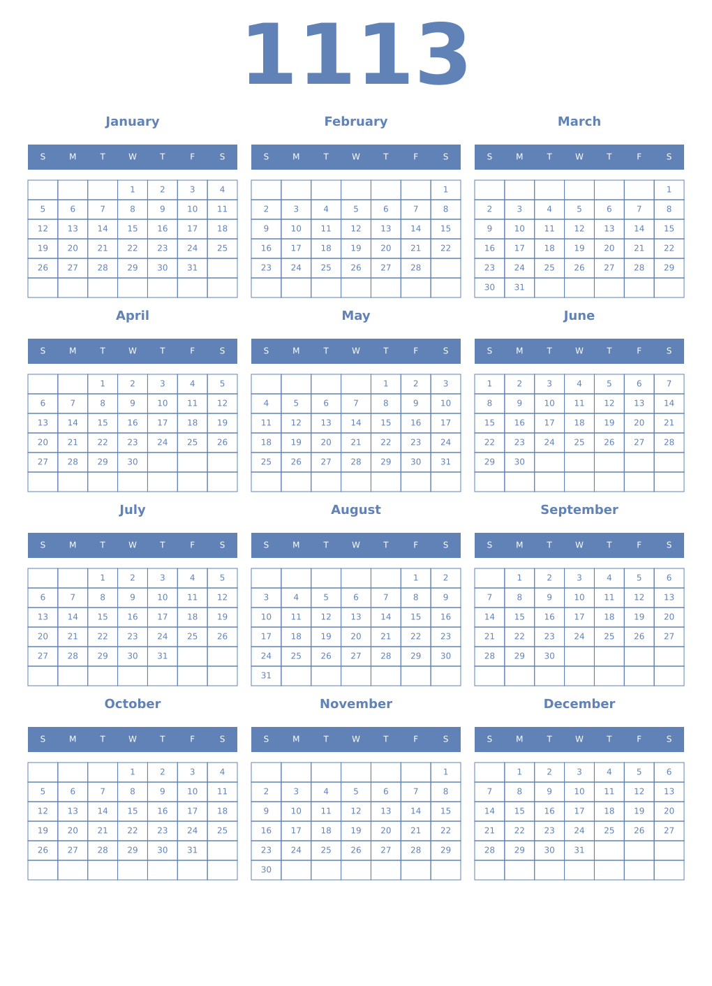 Printable 1113 Year Calendars glaucous