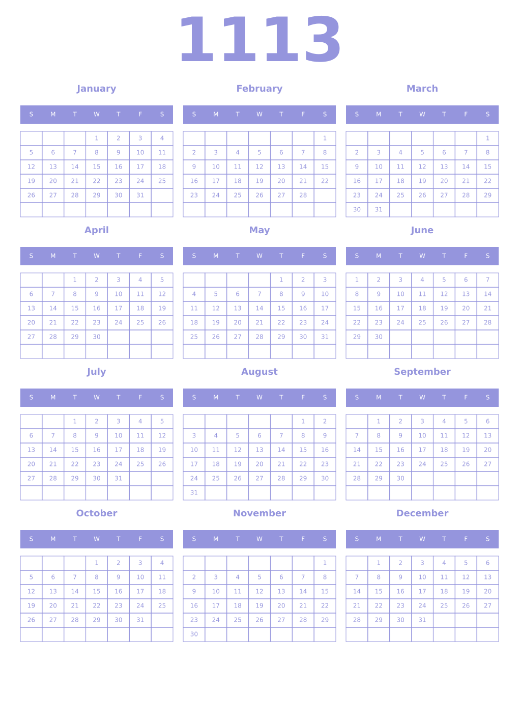 Printable 1113 Year Calendars periwinkle