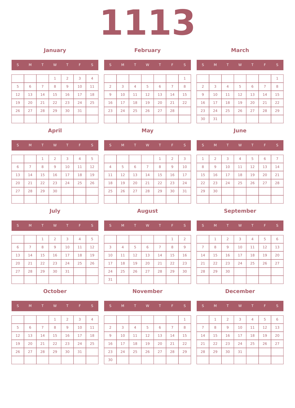 Printable 1113 Year Calendars puce