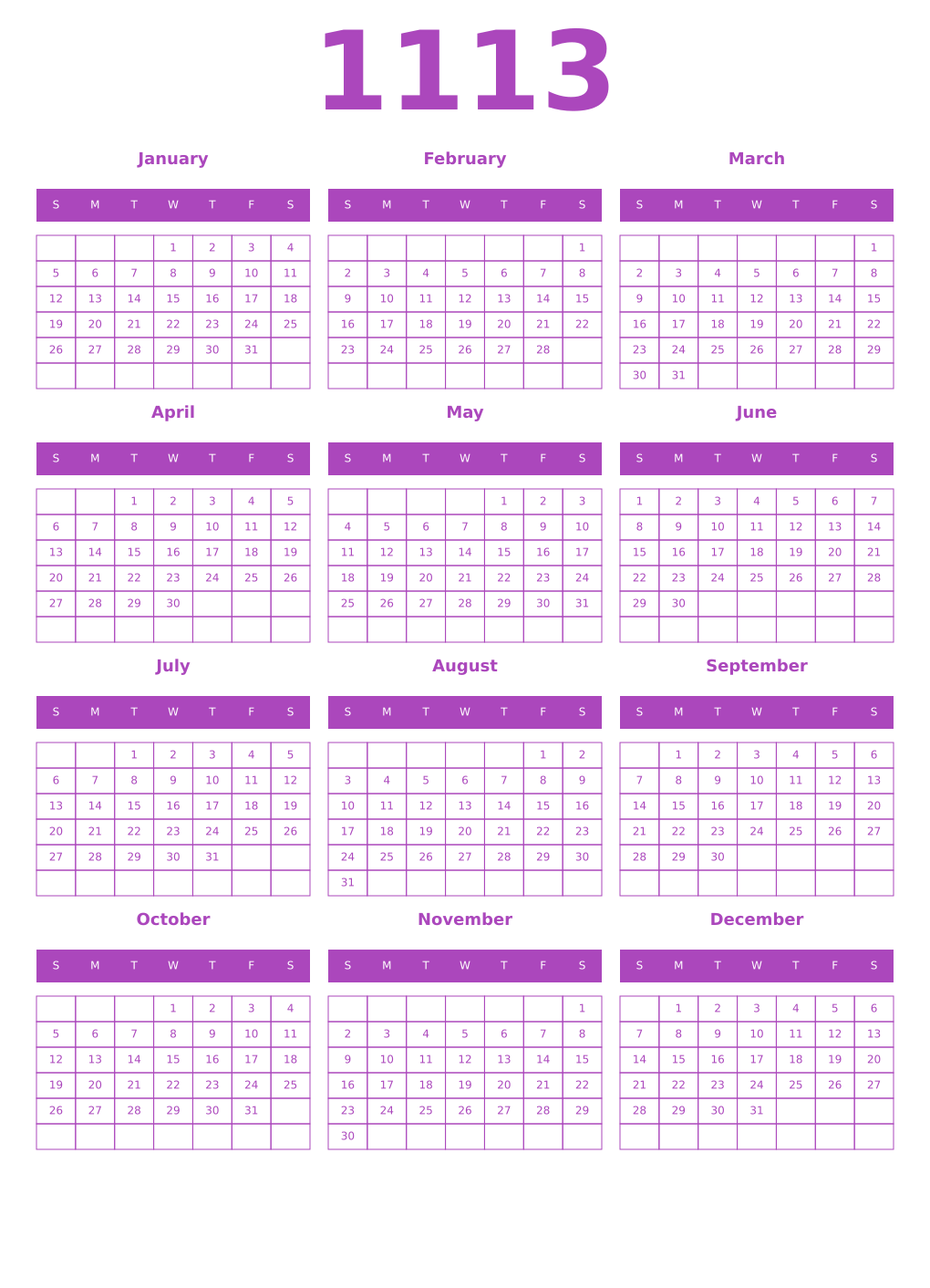 Printable 1113 Year Calendars purple