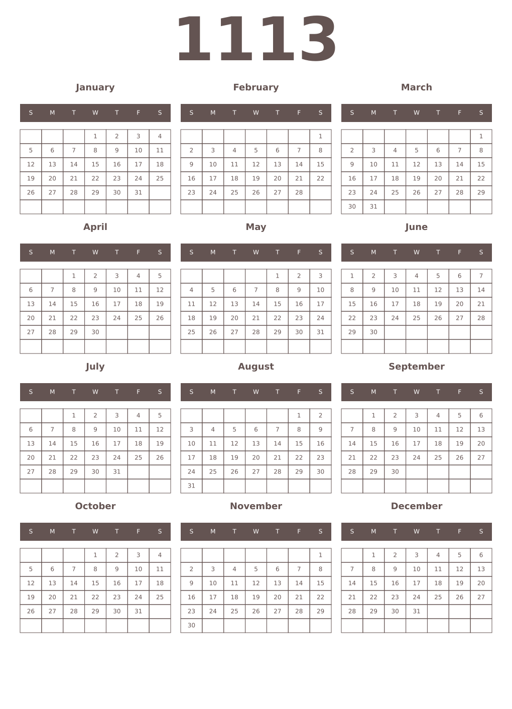 Printable 1113 Year Calendars wenge