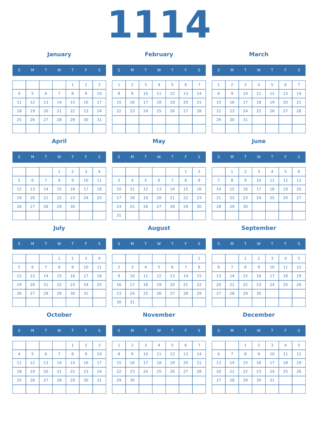 Printable 1114 Year Calendars blue