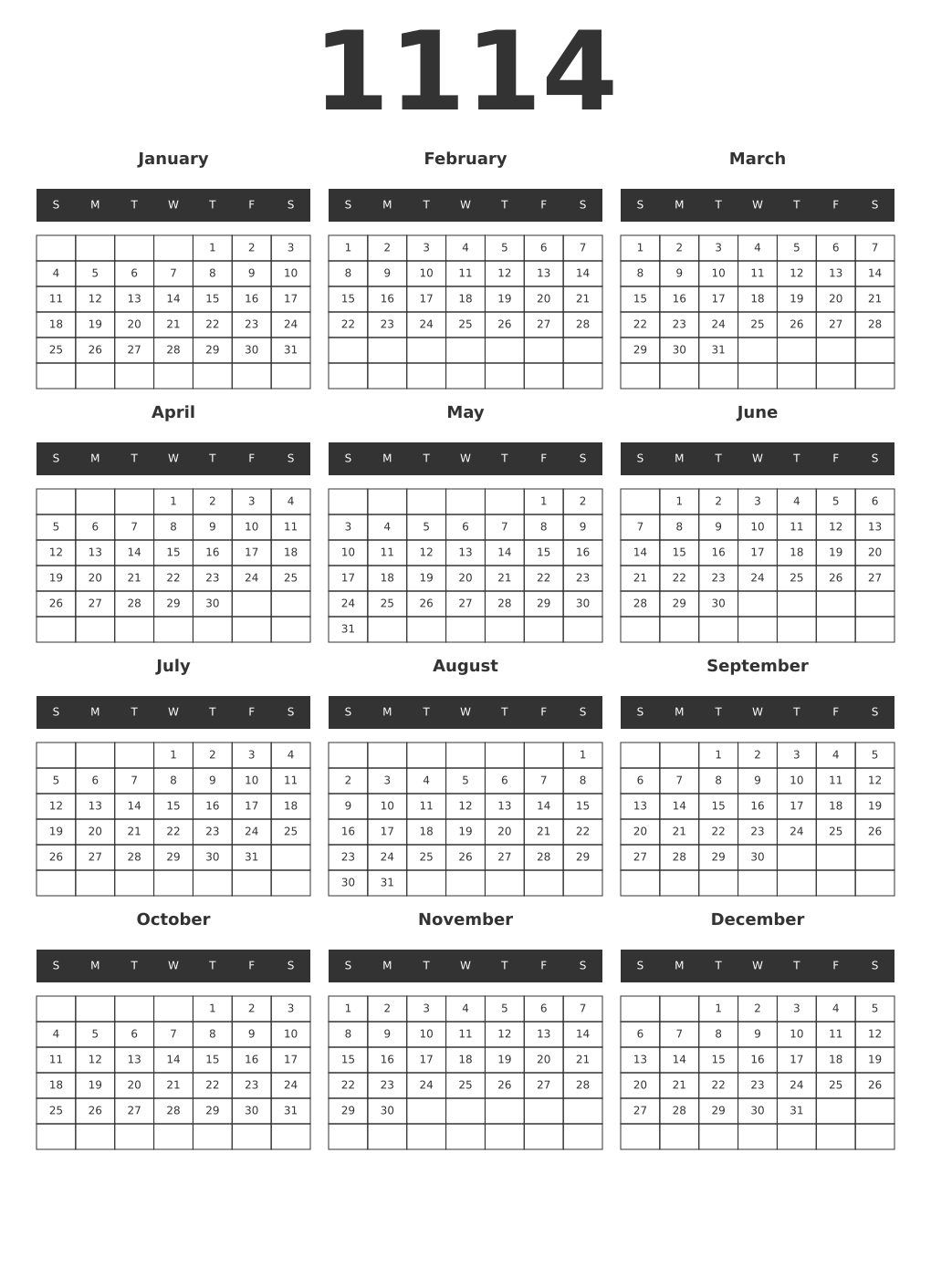 Printable 1114 Year Calendars dark