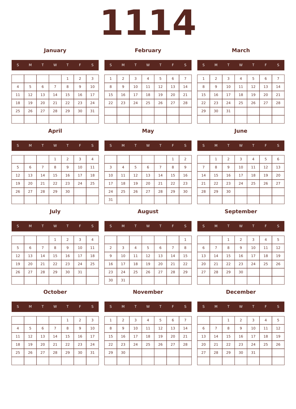 Printable 1114 Year Calendars mortuum