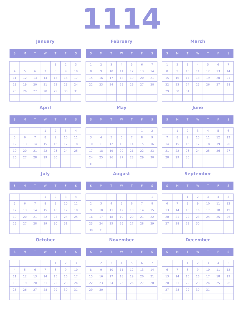 Printable 1114 Year Calendars periwinkle