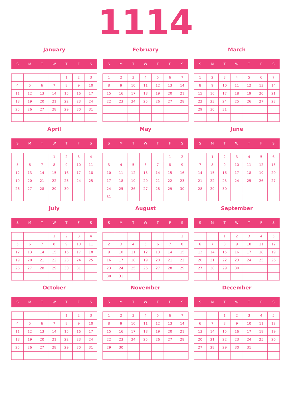 Printable 1114 Year Calendars pink