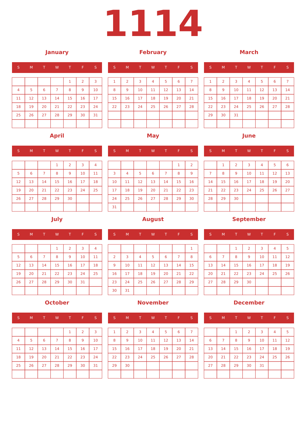 Printable 1114 Year Calendars red