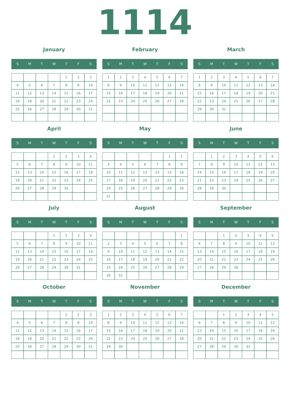 Printable 1114 Year Calendars viridian