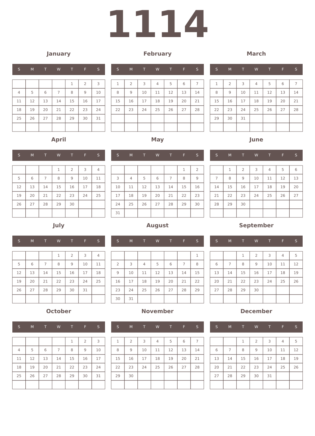 Printable 1114 Year Calendars wenge