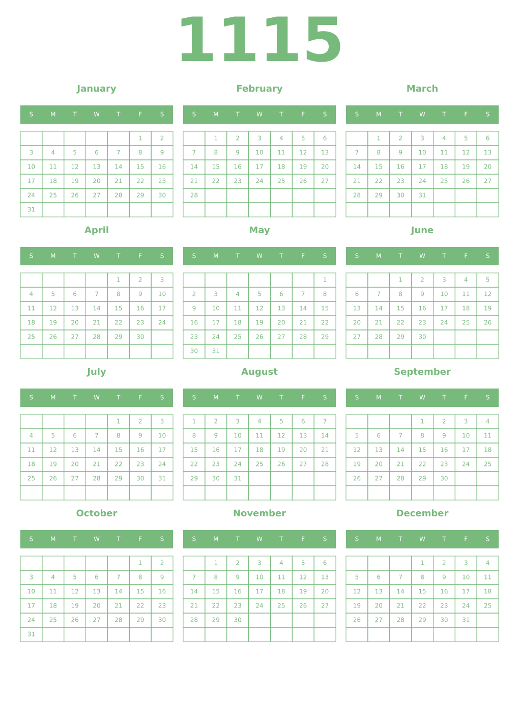 Printable 1115 Year Calendars celadon