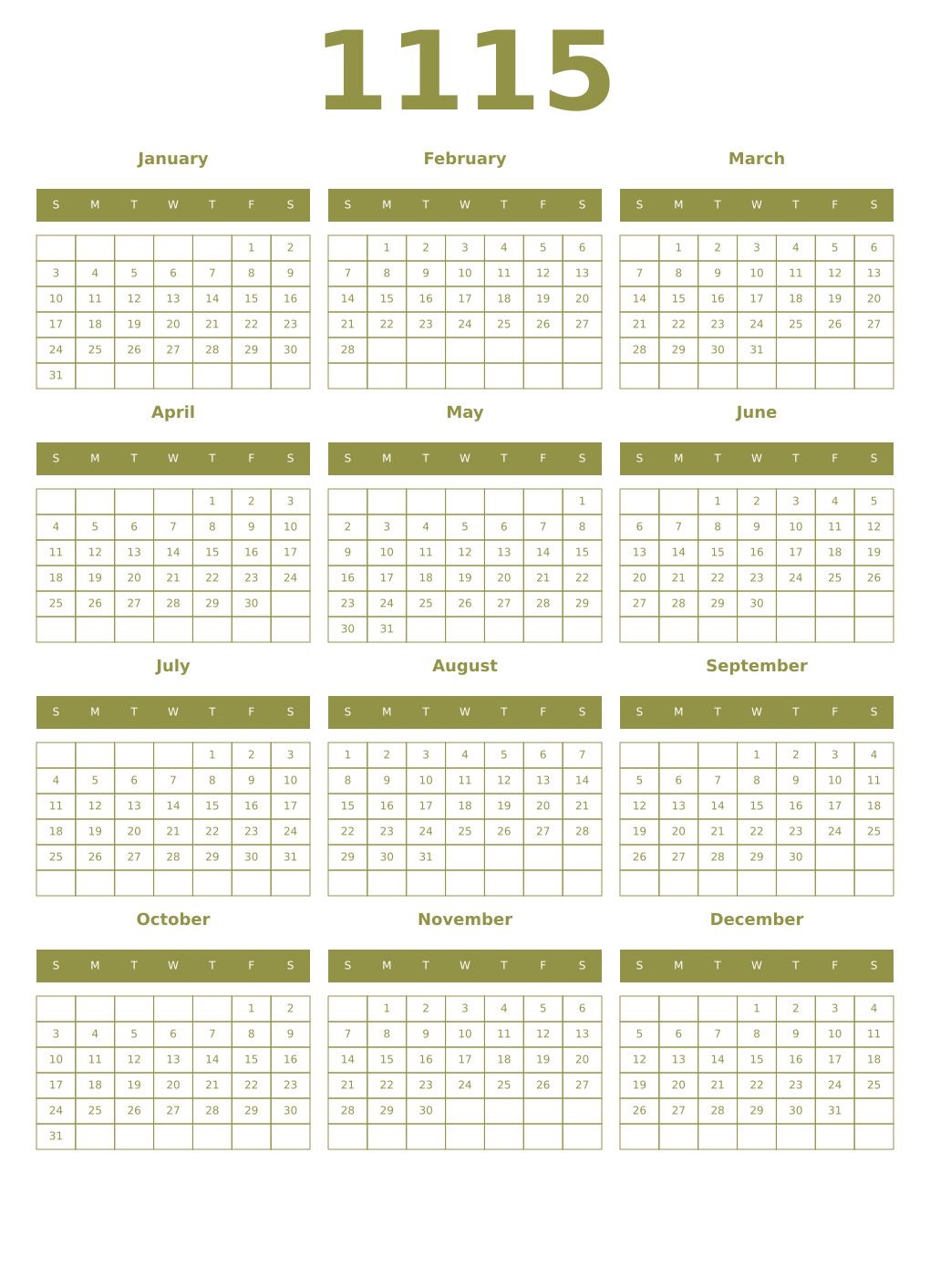 Printable 1115 Year Calendars eburnean