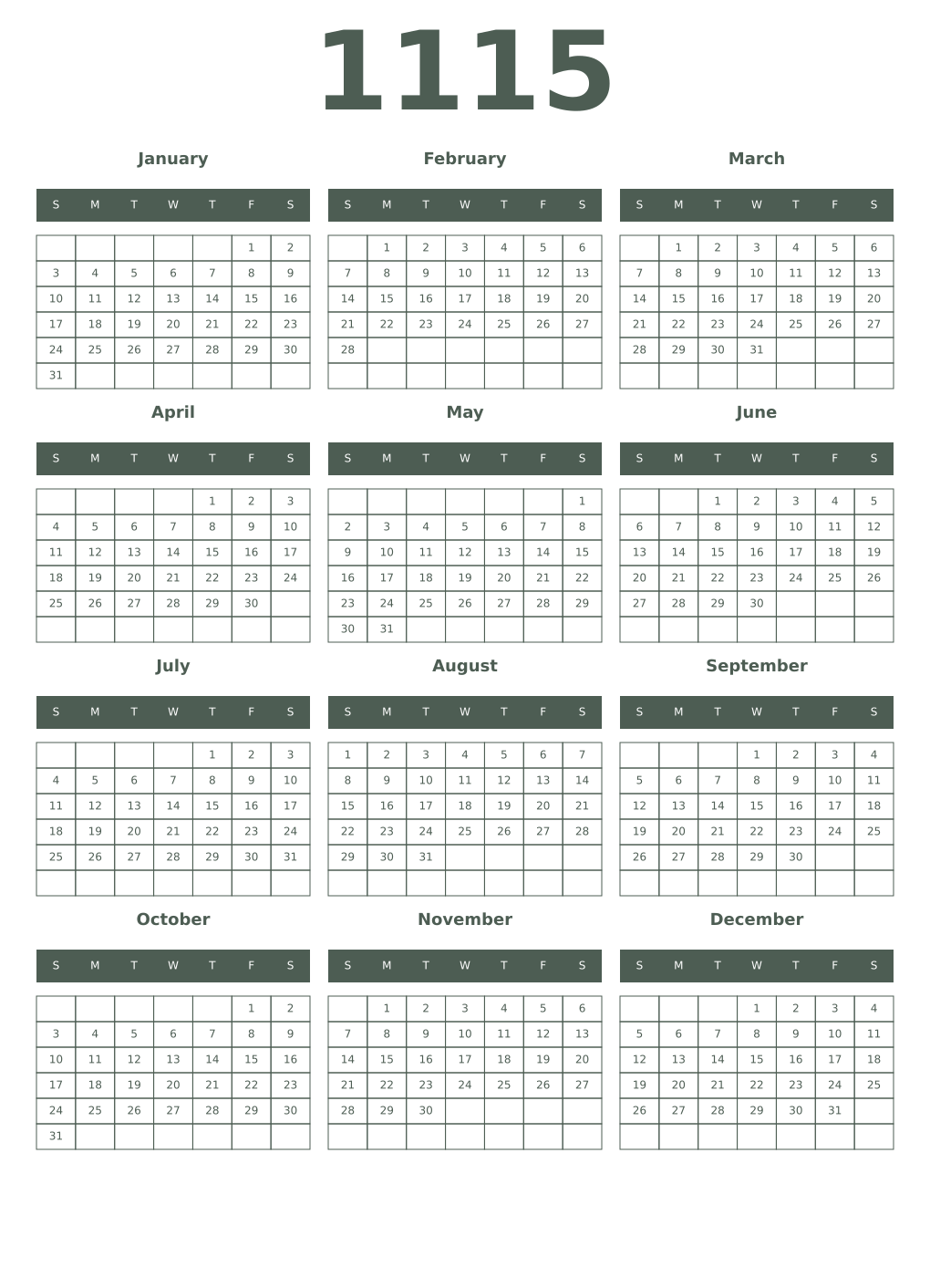 Printable 1115 Year Calendars feldgrau