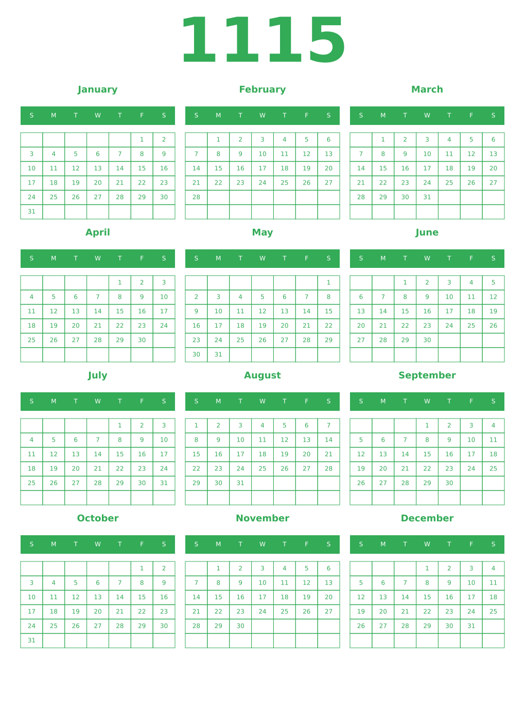 Printable 1115 Year Calendars green