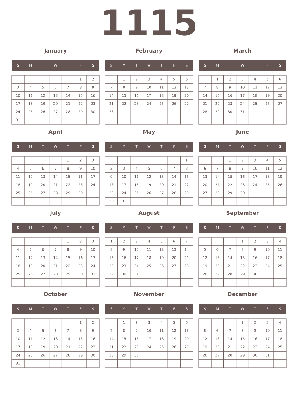Printable 1115 Year Calendars wenge