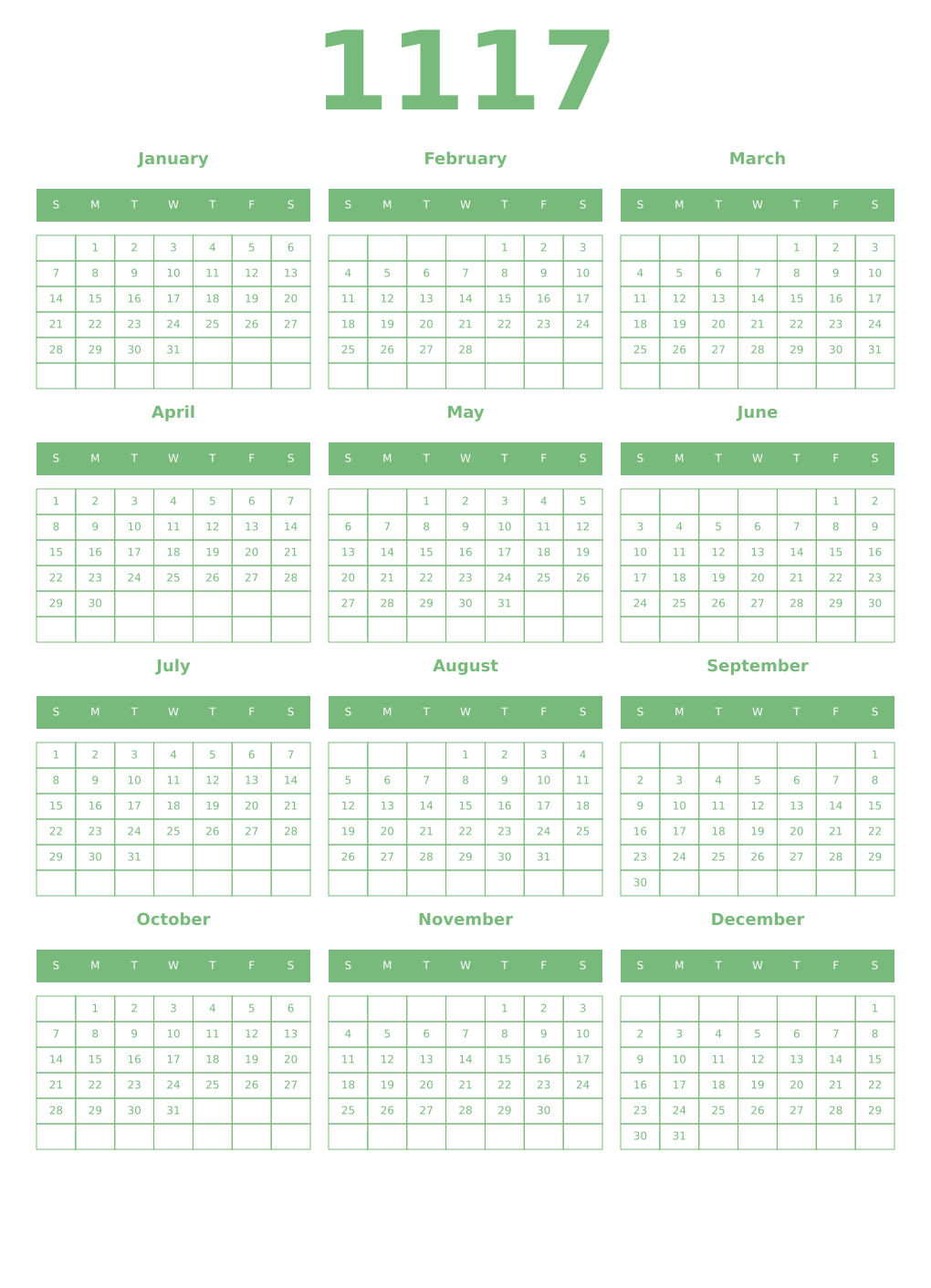 Printable 1117 Year Calendars celadon