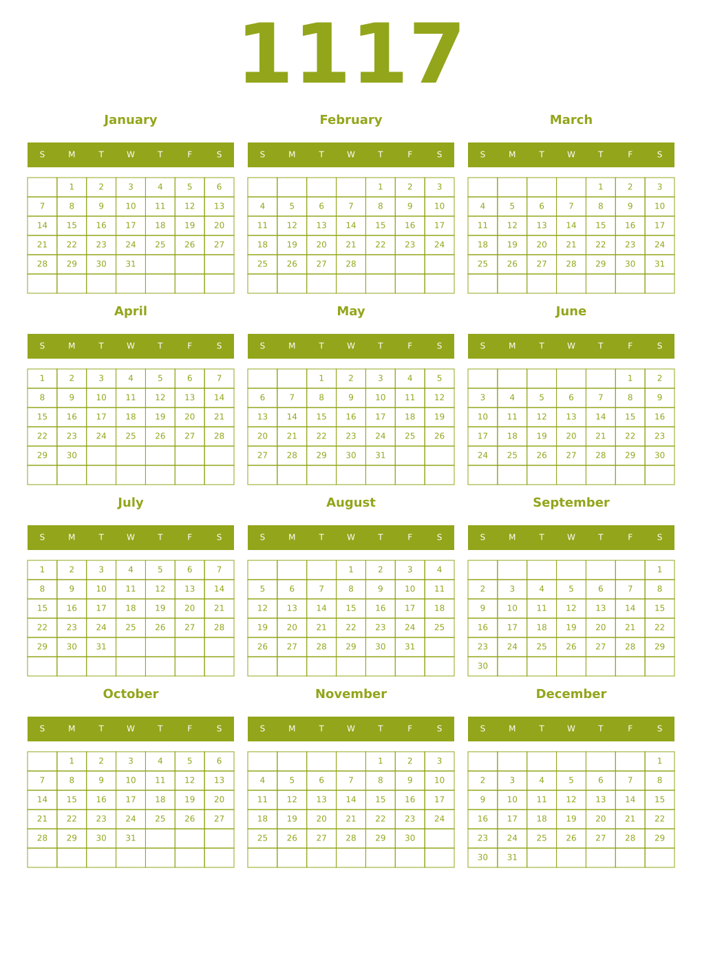 Printable 1117 Year Calendars chartreuse