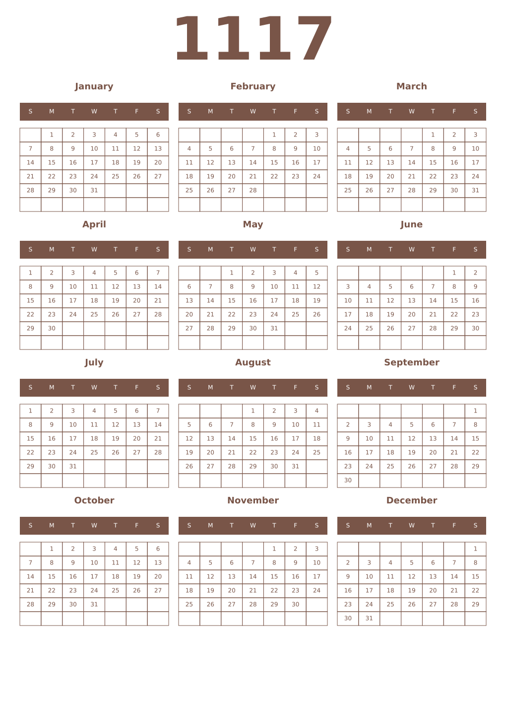 Printable 1117 Year Calendars coffe