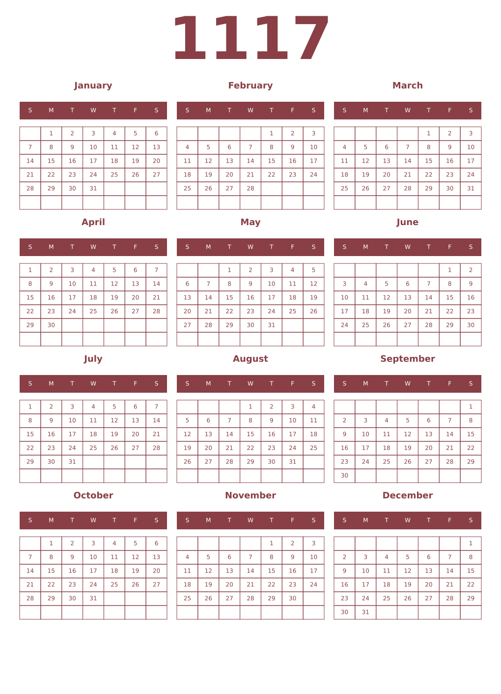 Printable 1117 Year Calendars cordovan
