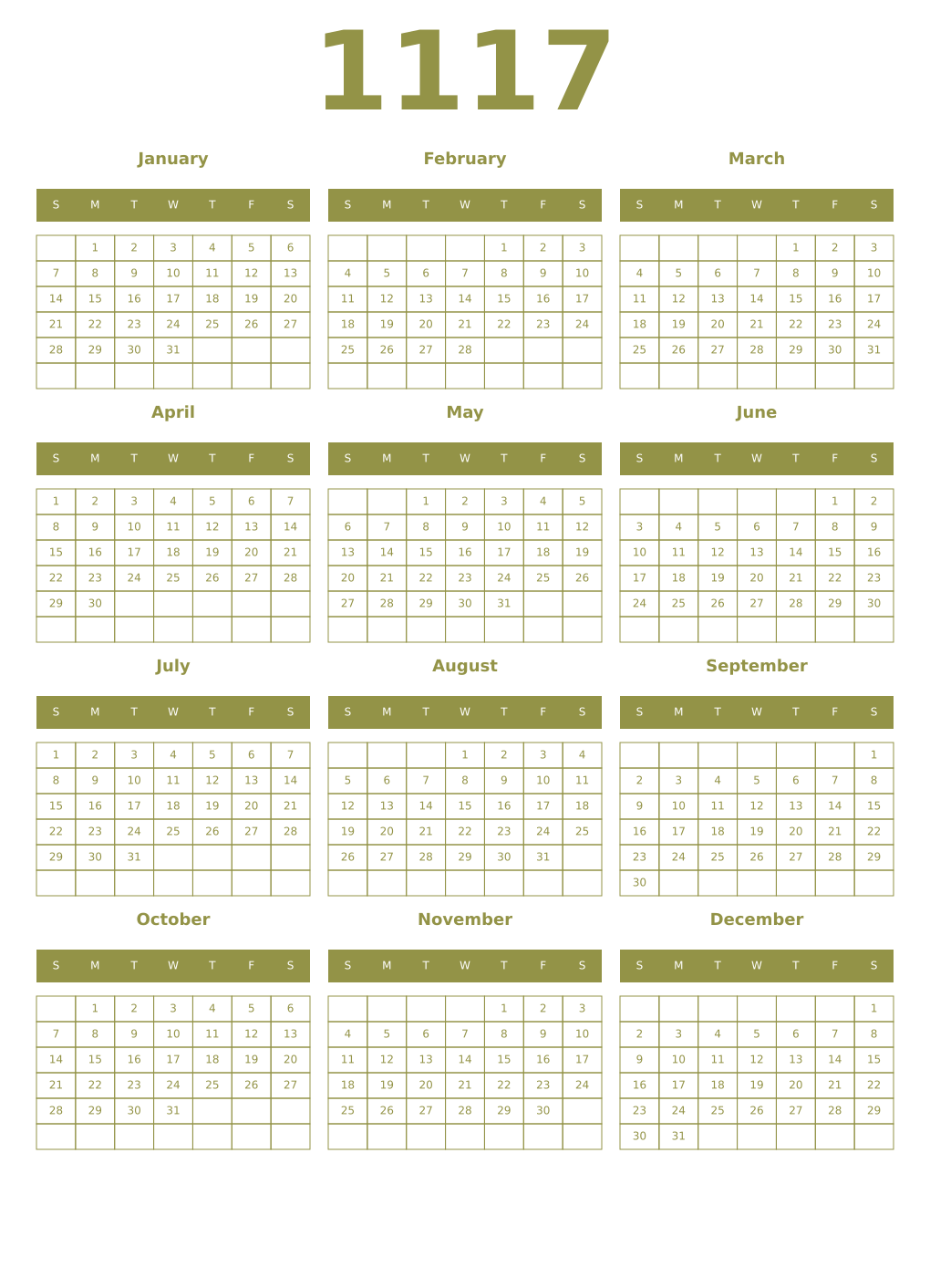 Printable 1117 Year Calendars eburnean