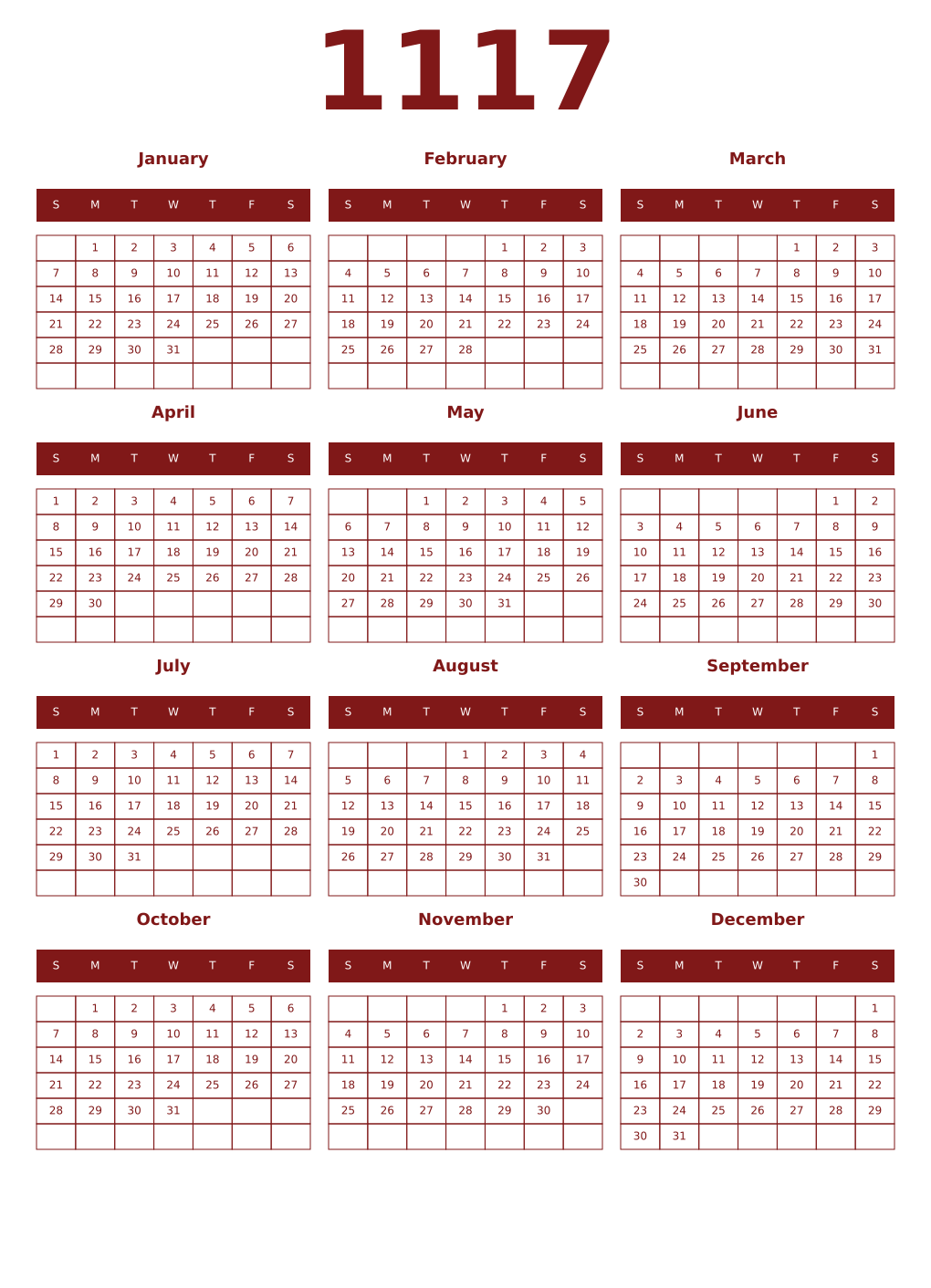 Printable 1117 Year Calendars falu
