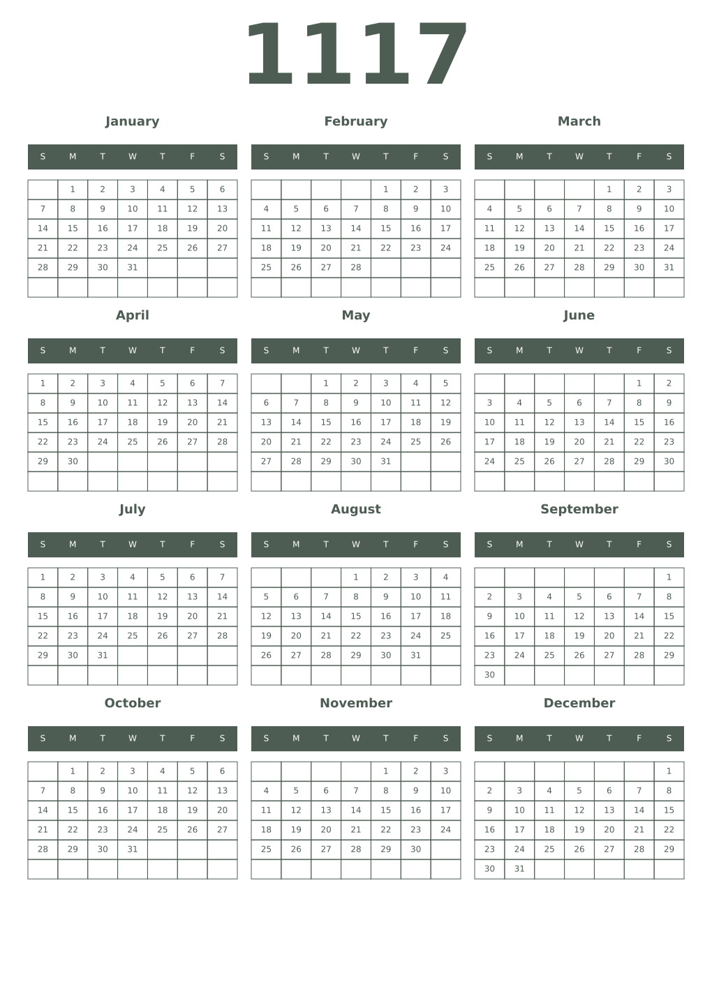 Printable 1117 Year Calendars feldgrau